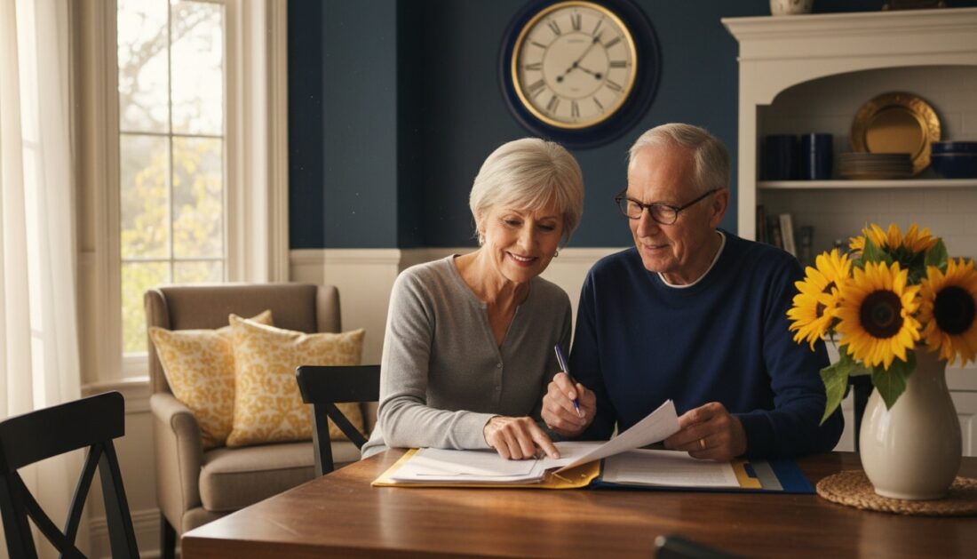 Couple reviewing gold IRA account documents together at home