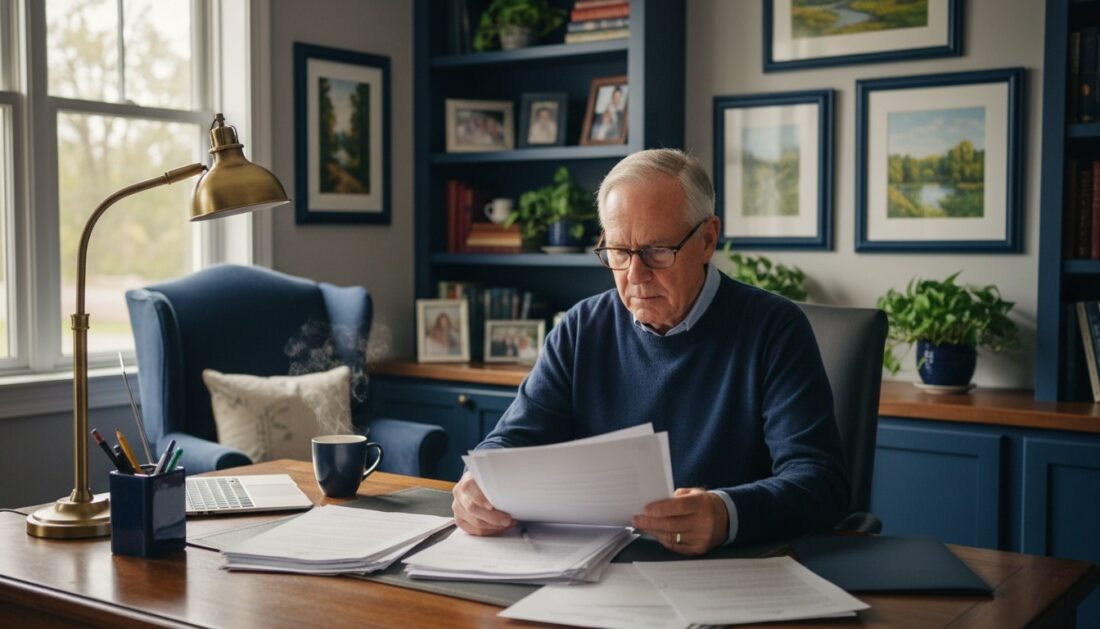 Man reviewing 401k eligibility documents in home office