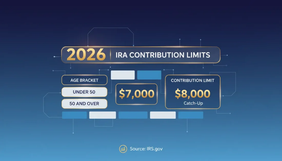 2026 IRA contribution limits infographic showing annual maximums by age