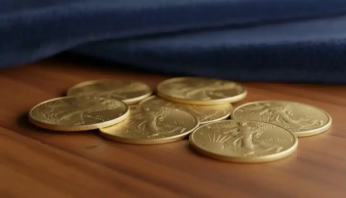 American Gold Eagle coins displayed on wood surface