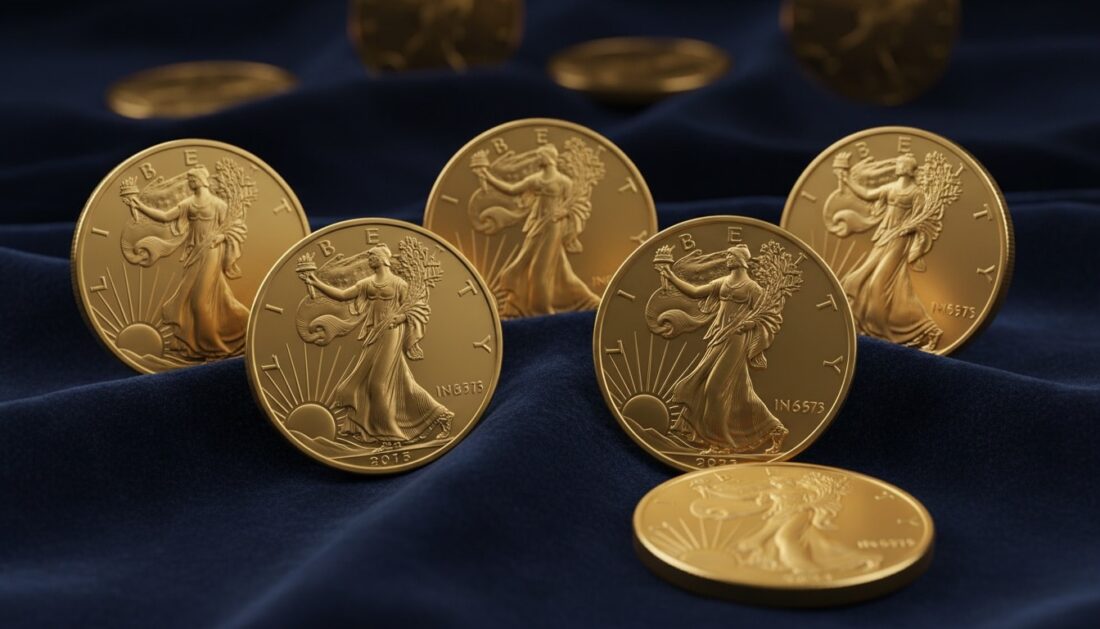 American Gold Eagle obverse and reverse coin designs on display