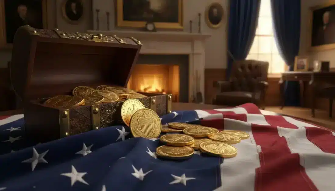 American patriotic imagery with gold coins representing protected ownership