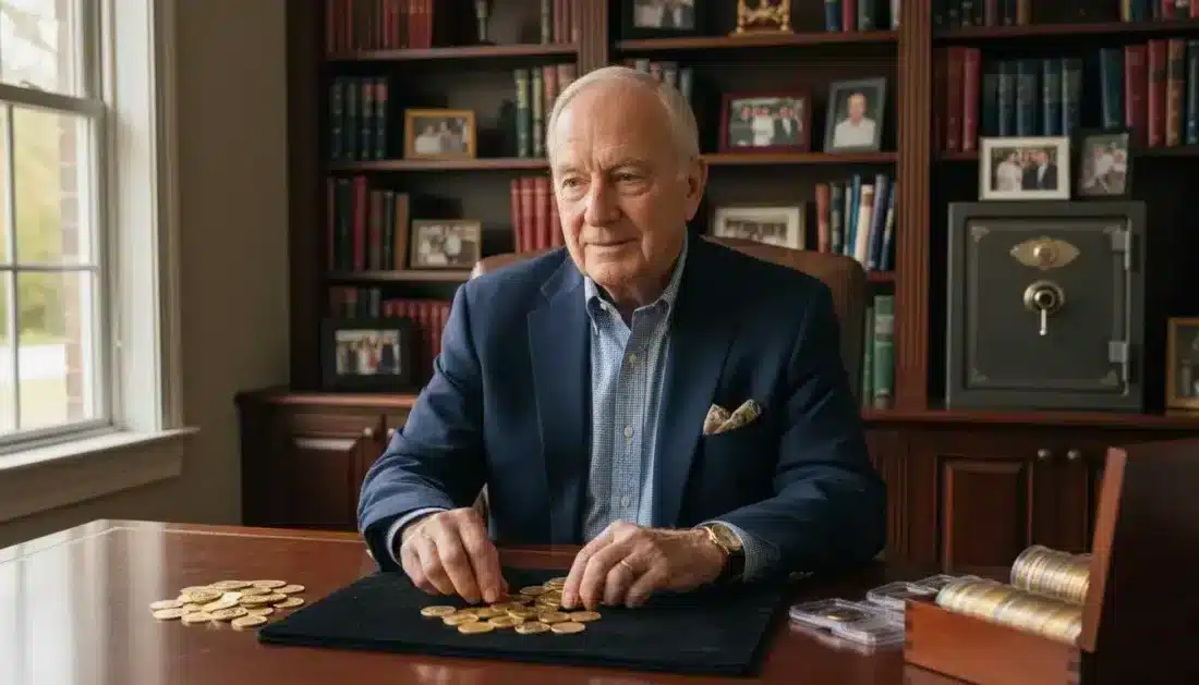 American retiree examining gold coins in home office setting