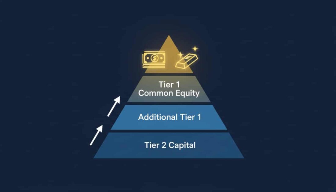 Basel III pyramid showing gold elevated to Tier 1 status alongside cash