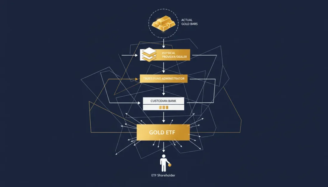 Counterparty risk diagram showing layers between ETF shareholders and gold