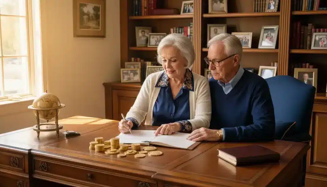 Couple reviewing gold IRA custodian documents at home