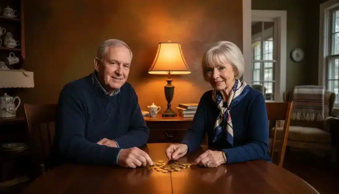 Couple reviewing gold coins for retirement protection strategy