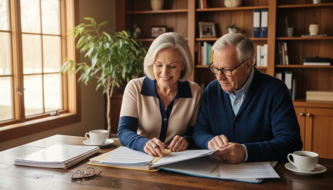 Couple reviewing precious metals IRA paperwork at home