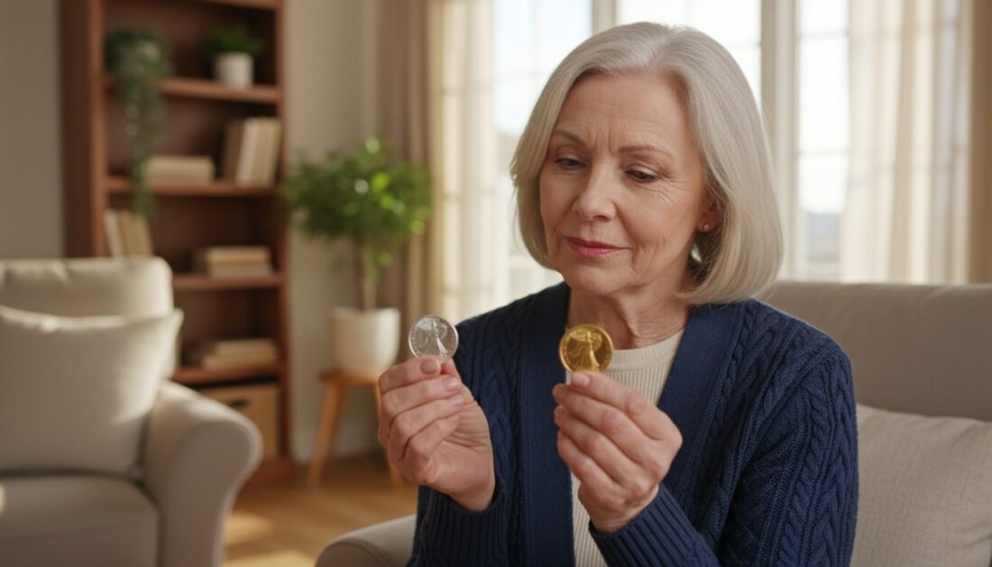 Customer comparing American Silver Eagle and Gold Eagle coins
