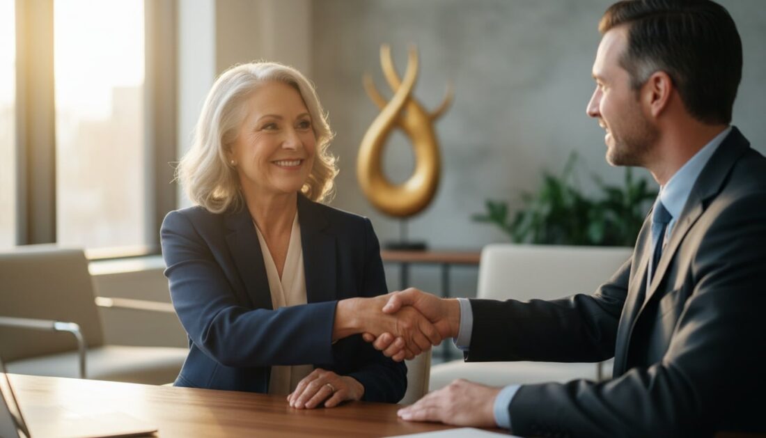 Customer completing gold IRA account setup with precious metals professional