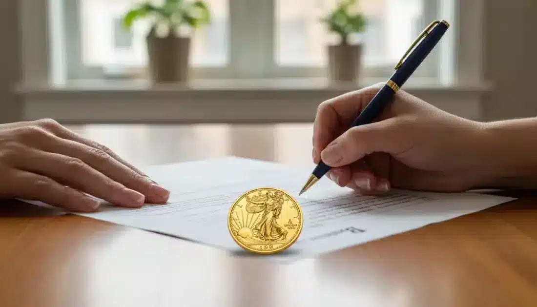 Customer completing self directed gold IRA application paperwork