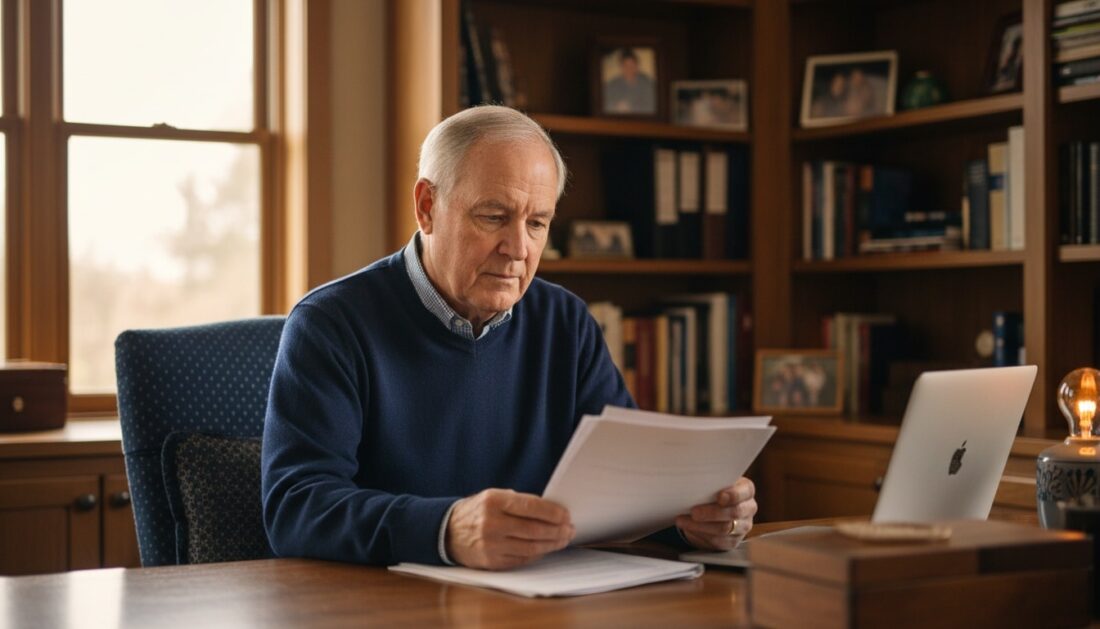 Customer researching gold IRA company credentials at home office