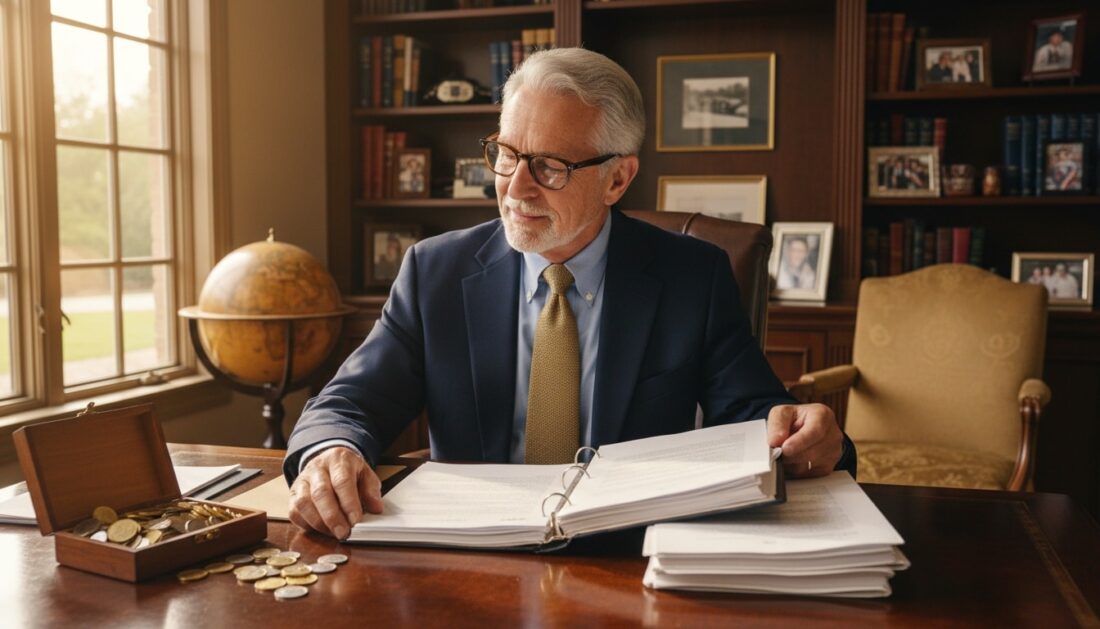 Customer reviewing precious metals IRA documents with gold and silver coins