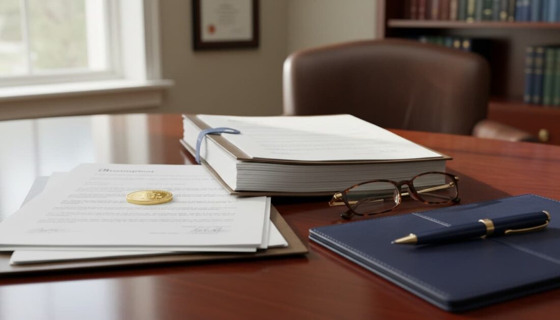 Estate planning documents with gold coin on professional desk