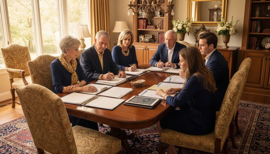 Family reviewing gold IRA beneficiary and inheritance planning documents together