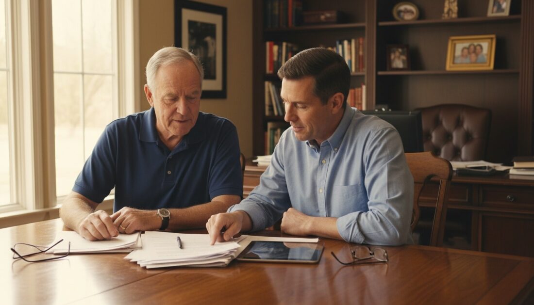 Father and son reviewing gold inheritance documents at home