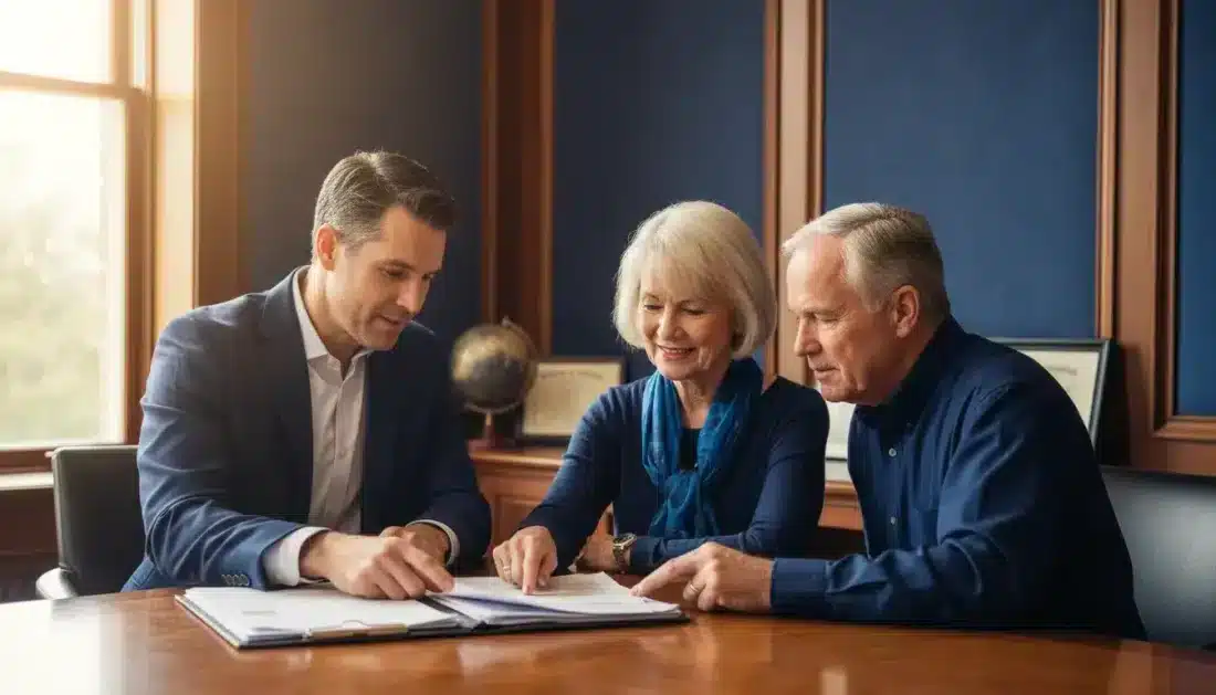 Financial custodian explaining gold IRA paperwork to customers