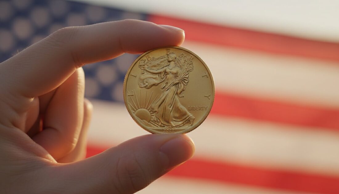 Gold American Eagle coin representing wealth preservation and American values
