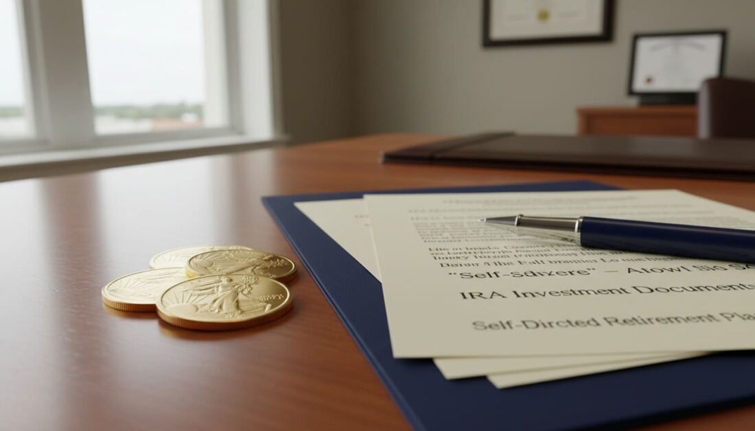 Gold American Eagle coins with IRA documents on professional desk