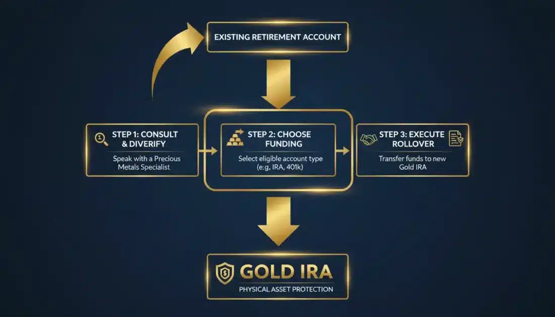 Gold IRA rollover process flowchart showing direct transfer steps