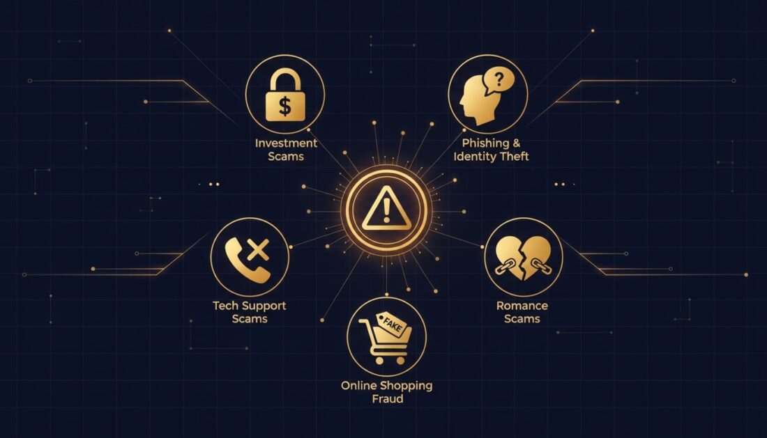 Gold IRA scam warning infographic showing five major fraud categories