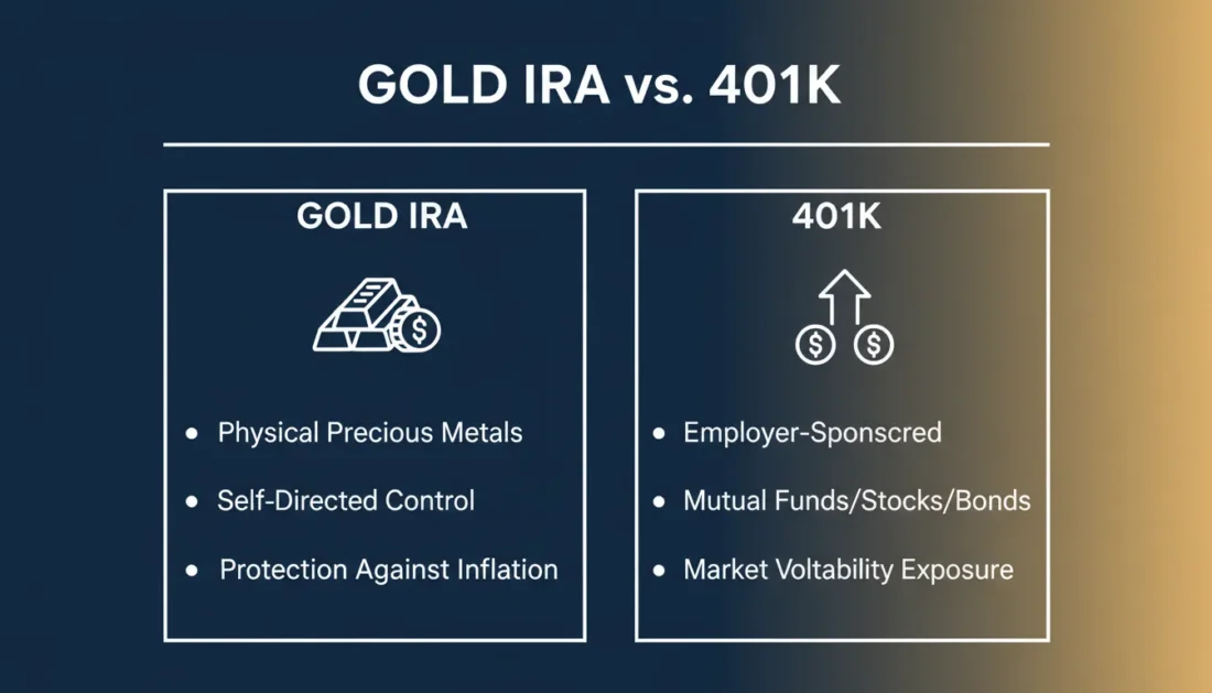 Gold IRA versus 401k comparison chart showing key differences