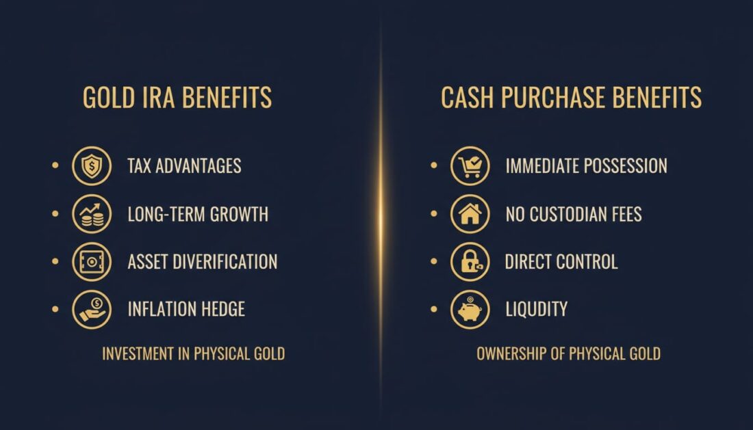 Gold IRA versus physical gold comparison infographic