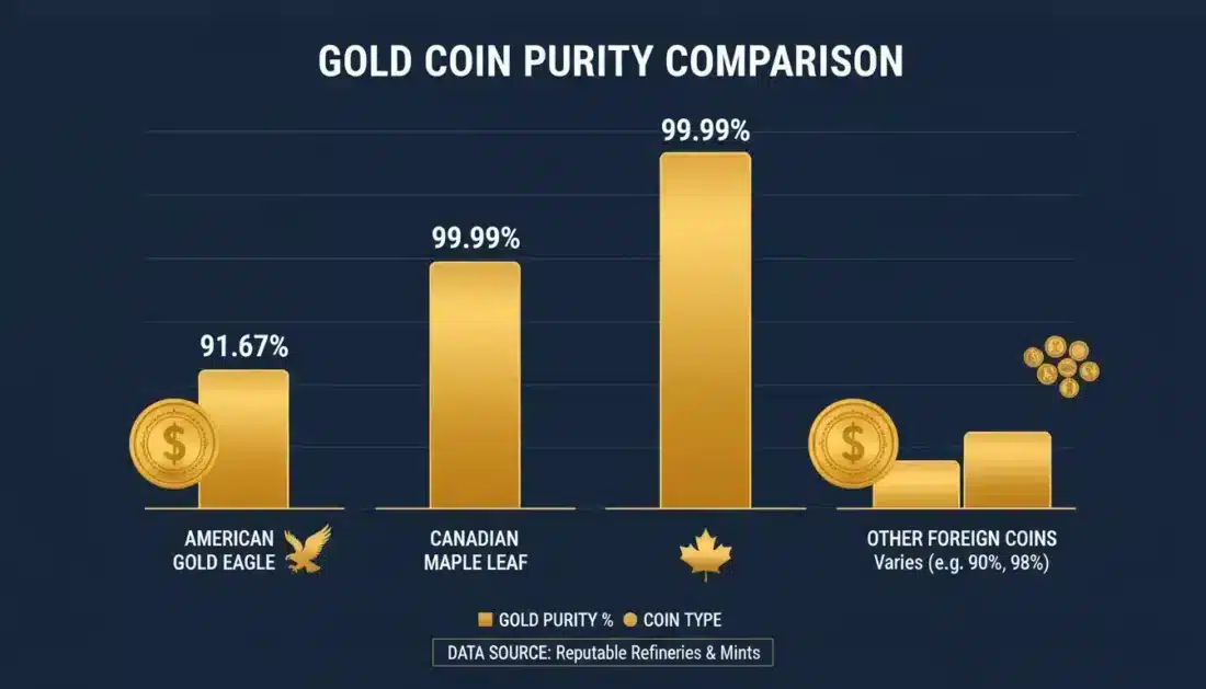 Gold coin purity comparison infographic showing American Gold Eagle versus foreign bullion coins