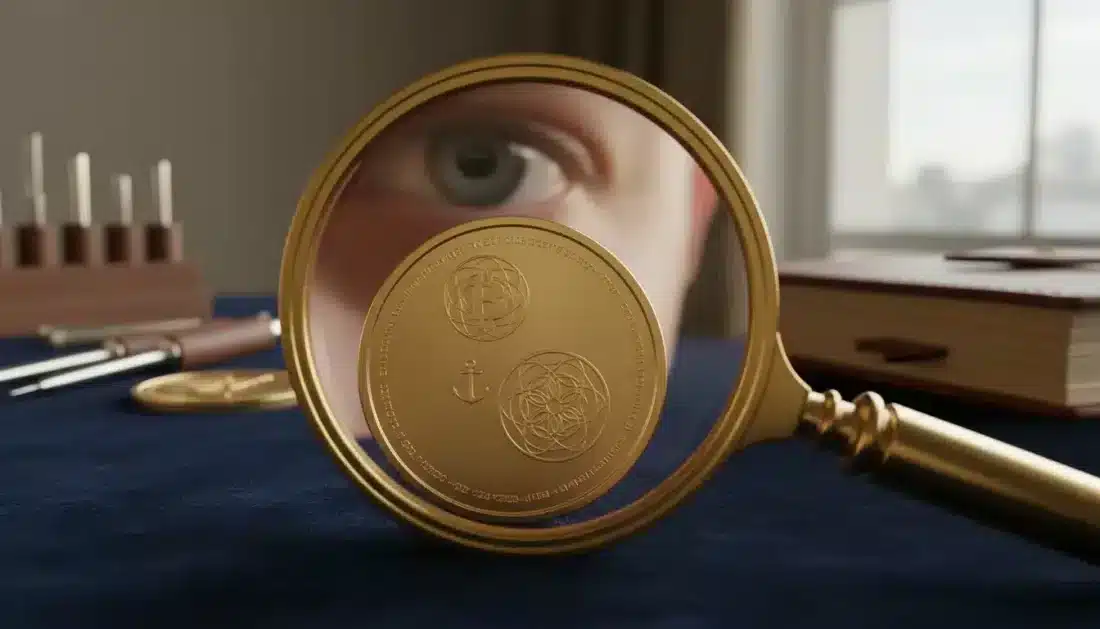 Gold coin security features being examined with magnifying glass