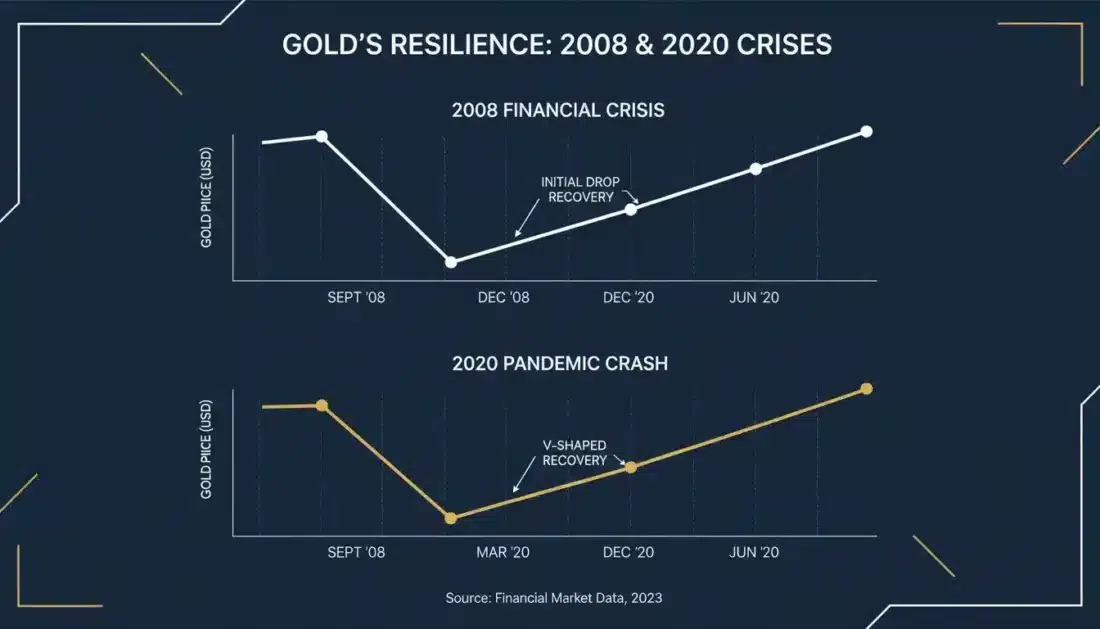 Gold initial decline then recovery pattern during 2008 and 2020 financial crises