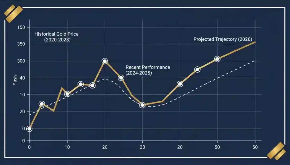 Gold price performance chart showing recent surge and 2026 projections