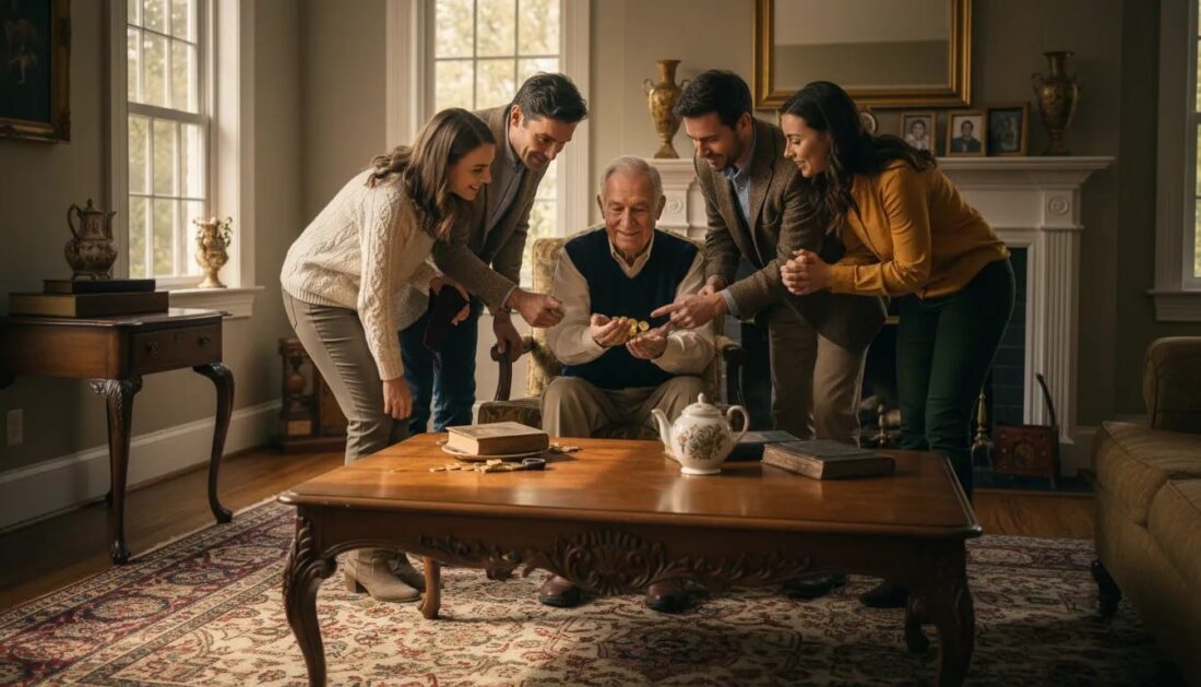 Grandfather showing gold coins to family for legacy planning
