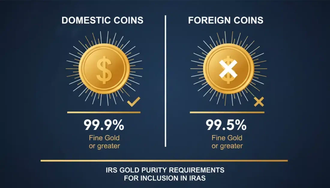 IRS gold purity requirements chart comparing domestic and foreign gold coins for IRA eligibility