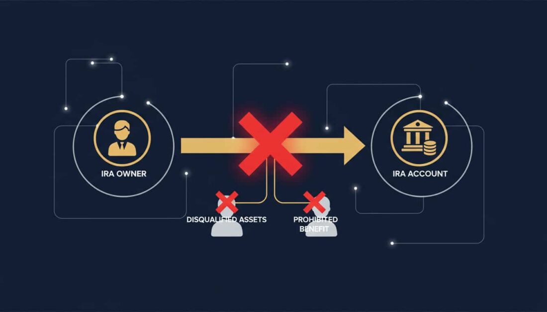 IRS prohibited transaction rules diagram showing self dealing restrictions for gold IRAs