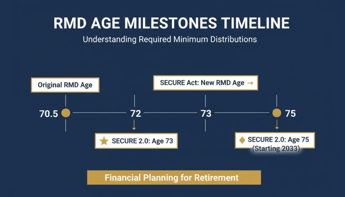 Required minimum distribution age timeline infographic showing 2026 rules