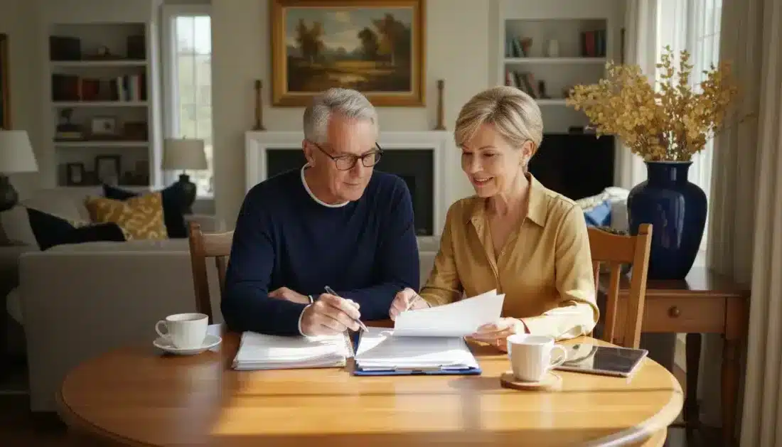 Retired American couple reviewing gold IRA documents together at home