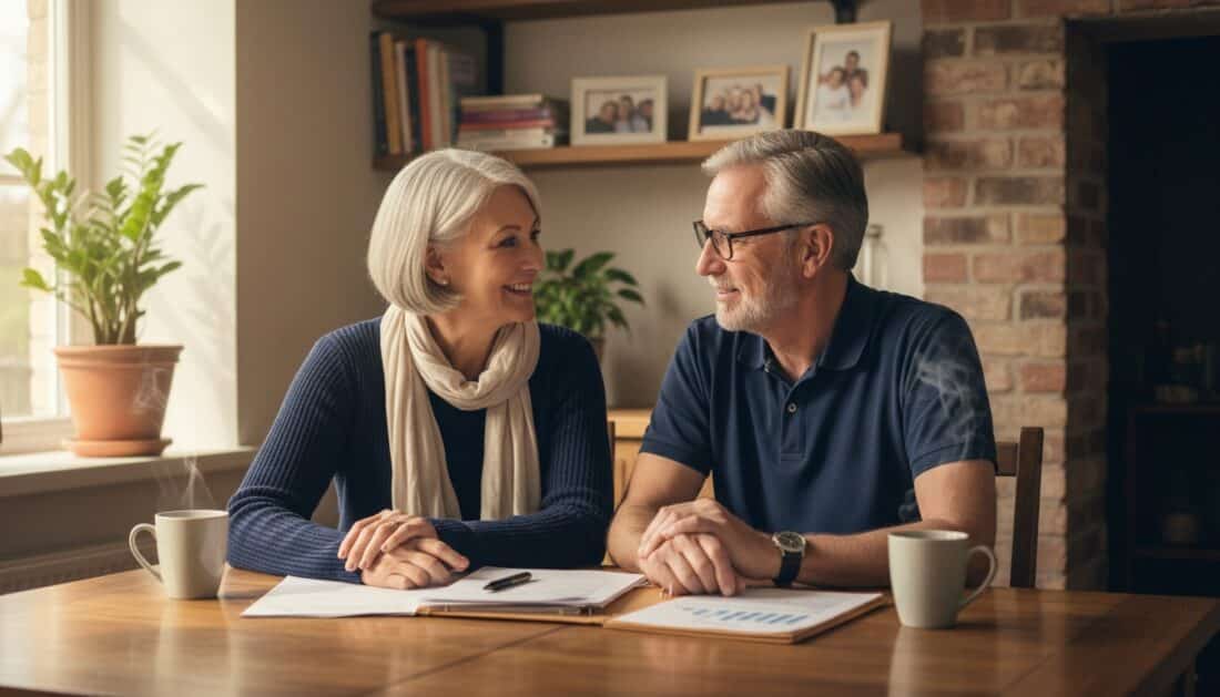 Retired couple discussing gold allocation decisions together
