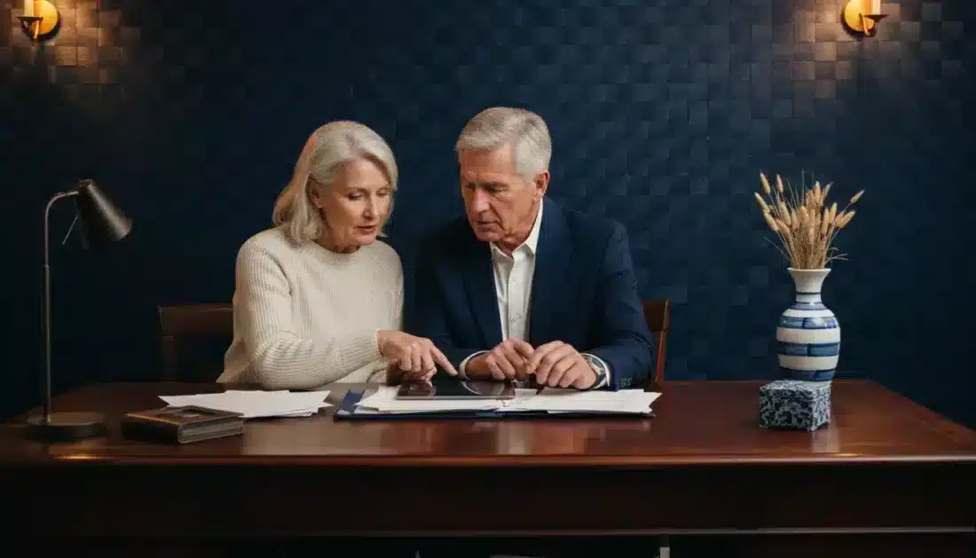 Retired couple researching gold IRA options at home