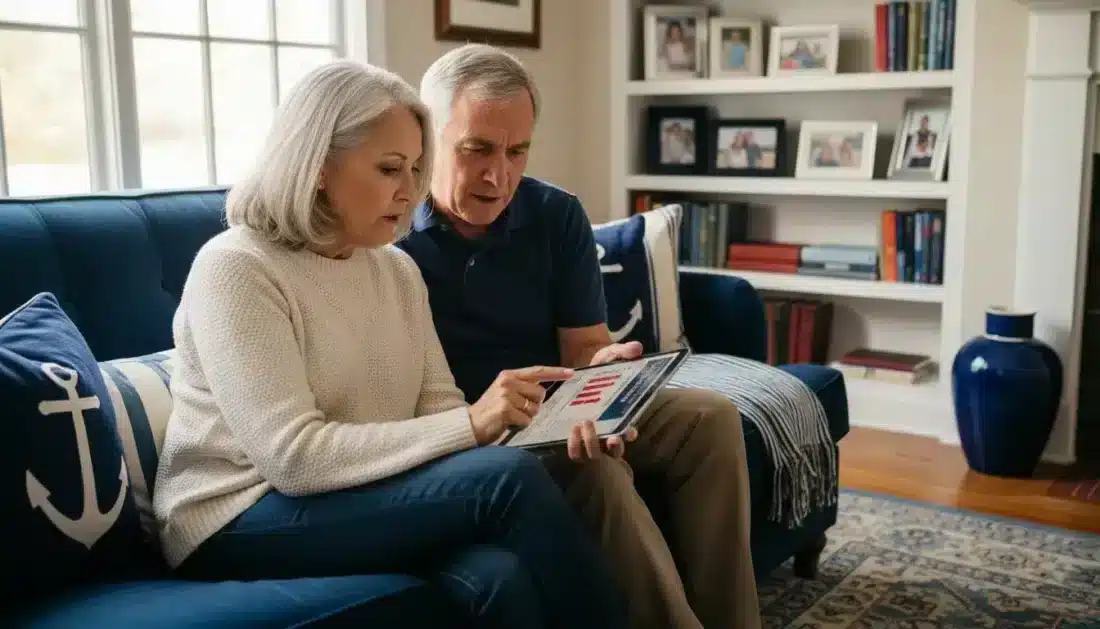 Retired couple reviewing economic outlook and recession forecasts