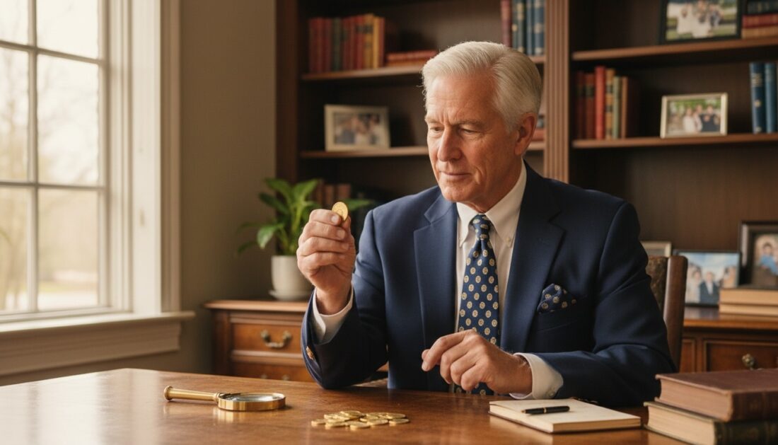 Retiree inspecting physical gold coins from IRA distribution