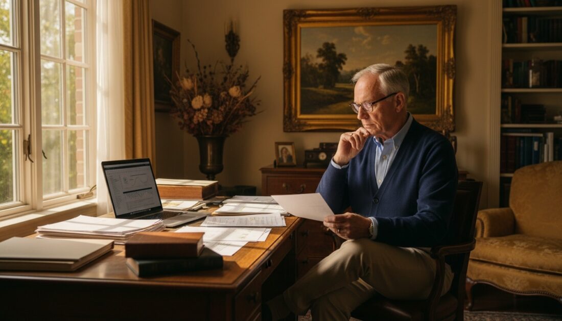 Retirement aged man reviewing gold IRA company documents in home office