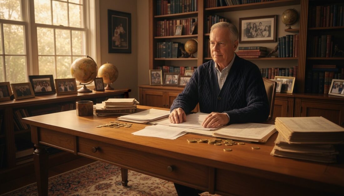 Retirement aged man reviewing gold IRA distribution options at home office desk