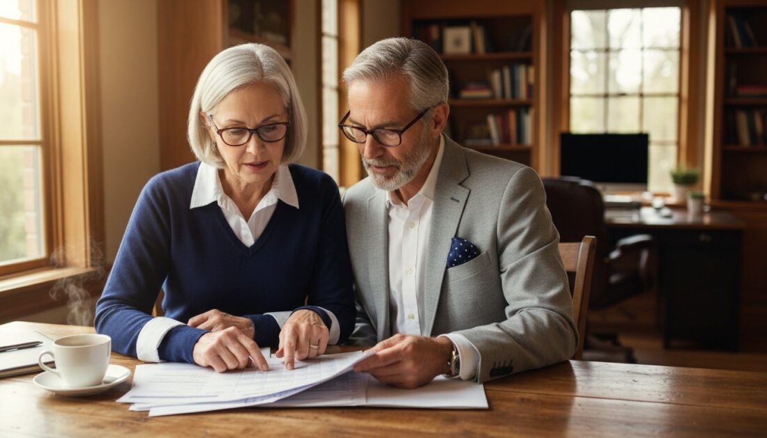 Retirement couple reviewing gold IRA documents at home