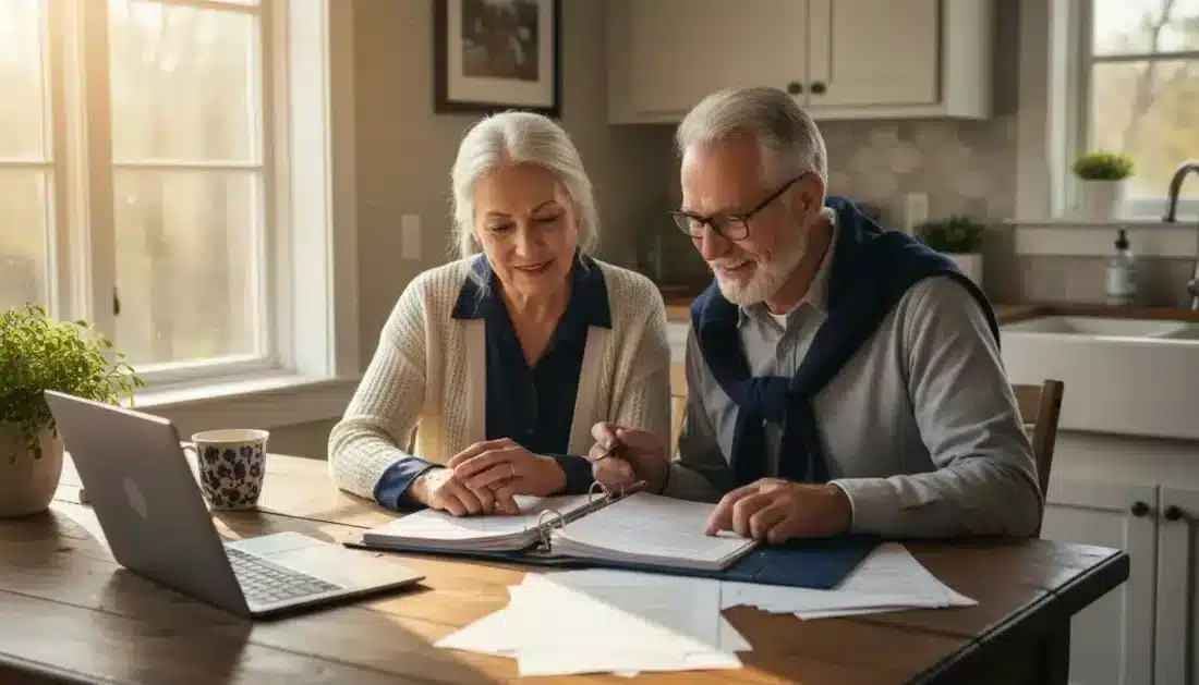 Retirement couple reviewing gold IRA documents at home