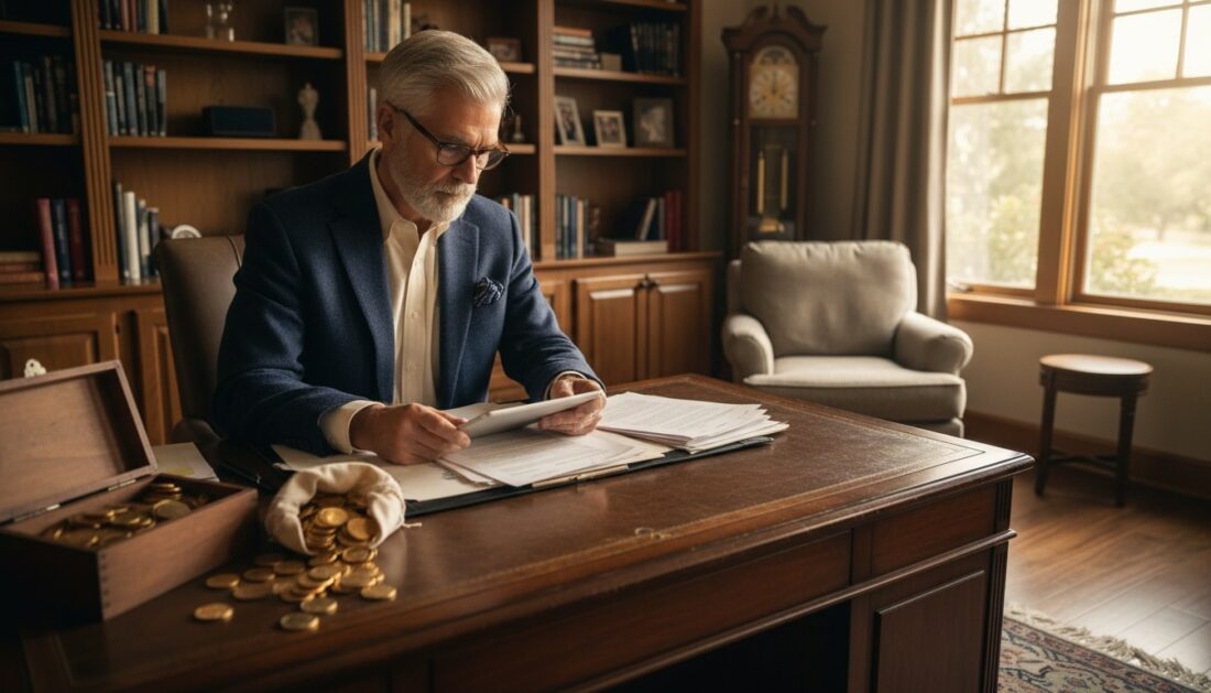 Retirement customer reviewing gold IRA distribution documents at home