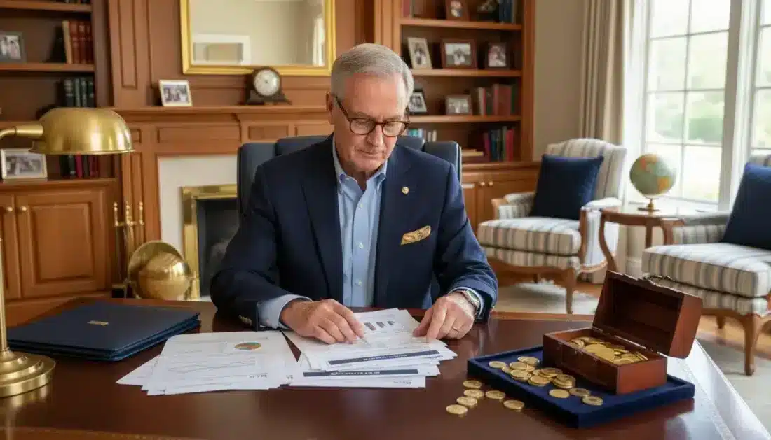 Retirement customer reviewing gold IRA holdings at home office