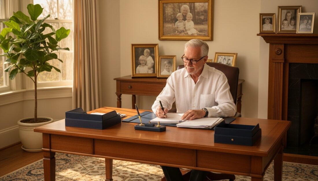 Retirement planning with Gold IRA documents at home office