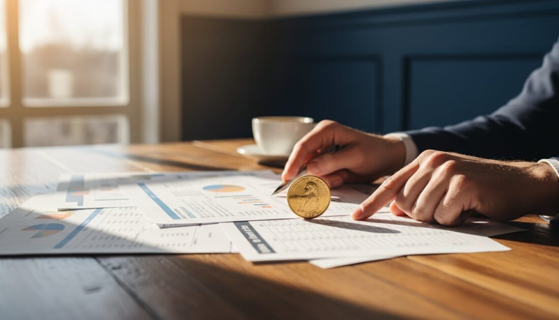 Reviewing Gold IRA fee documents with gold coin on desk