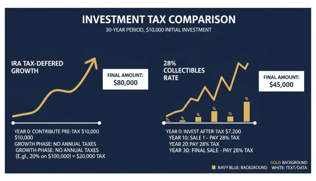 Tax comparison showing Gold IRA versus direct purchase capital gains rates