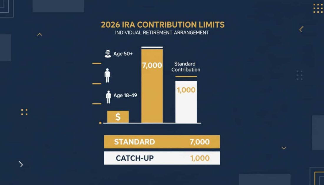 2026 IRA contribution limits chart with standard and catch up amounts